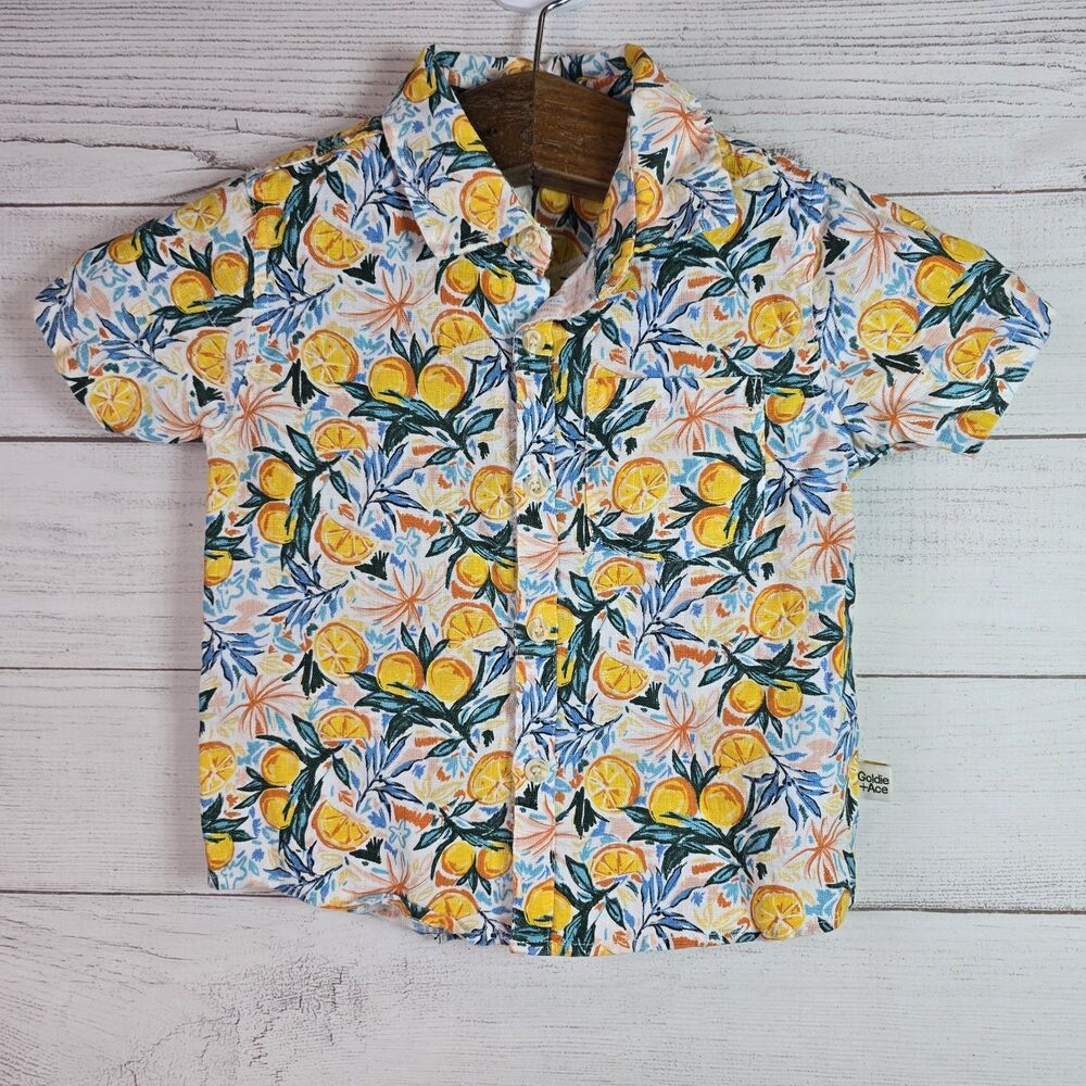Goldie + Ace Linen Limon Floral Hawaiian Button Shirt Size 2T